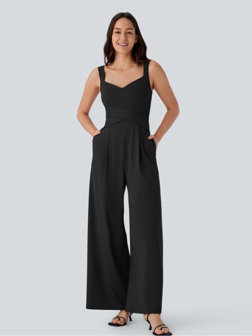 HALARA Black Wide-Leg Sweetheart Jumpsuit with Cross-Waist